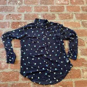 A New Day,Navy Blue Sheer Heart Prints Long Sleeves Top/Blouse Large